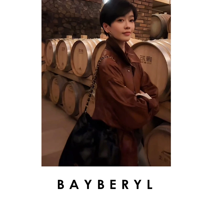 BAYBERYL老贝酒庄*复古条纹插肩休闲翻领25秋皮衣PY5F2504