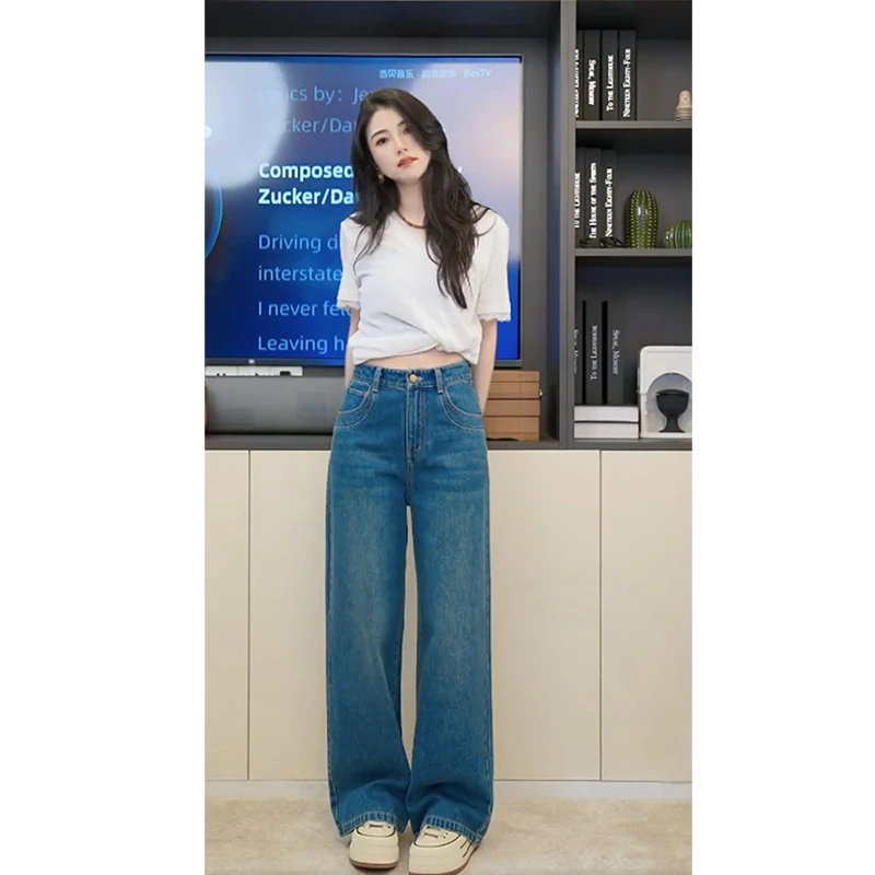 小乖逃蓝墨蓝色牛仔裤蓝色长裤直筒宽松显瘦牛仔裤加长裤240911