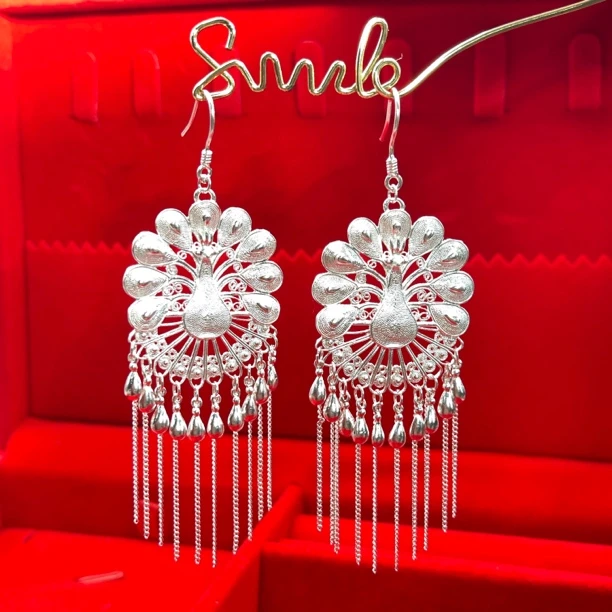 足银耳饰 苗乐足银孔雀水滴流苏民族工艺设计款