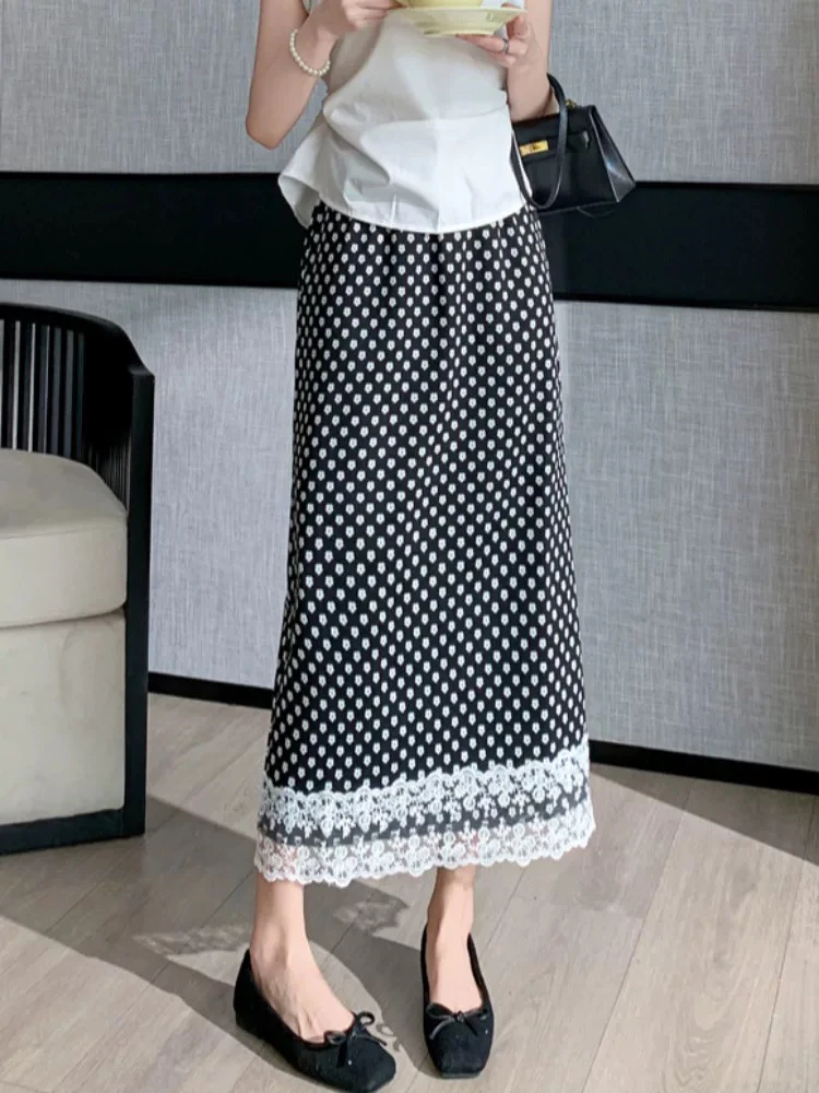蕾丝拼接碎花半身裙女2025新款春款欧若风高腰显瘦后开叉a字直筒