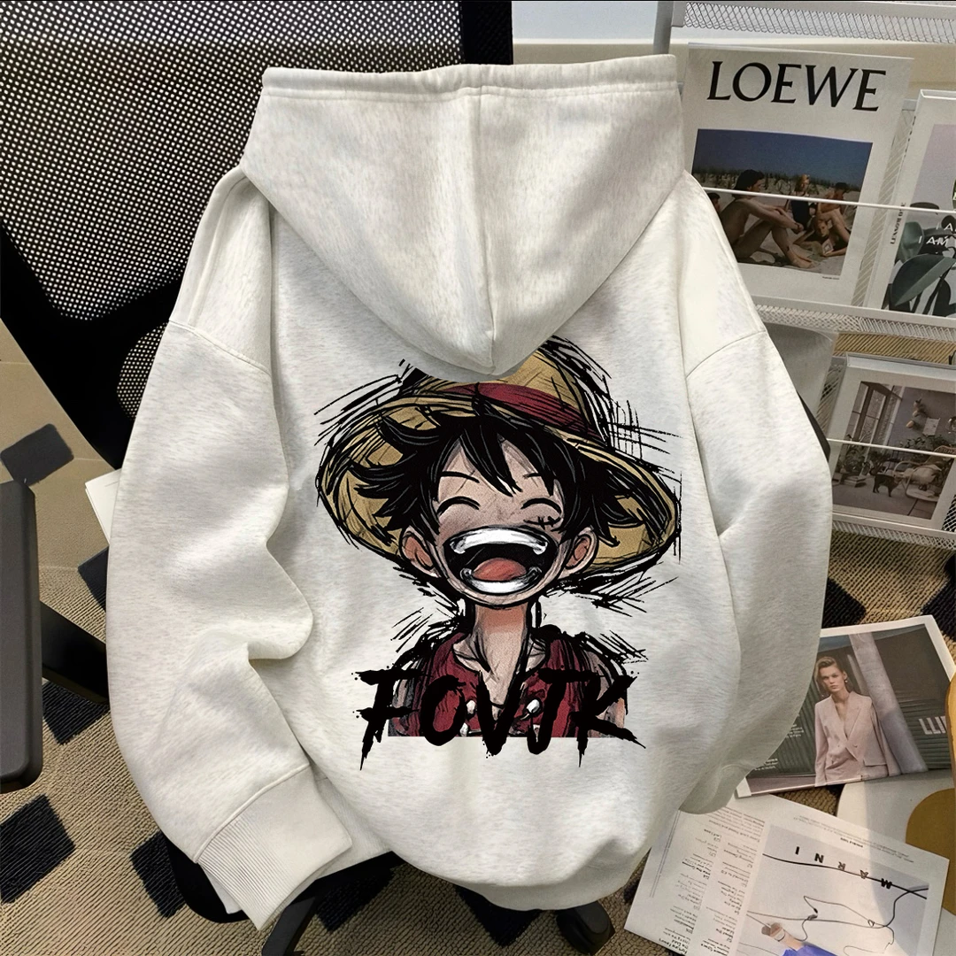 重磅加绒加厚国潮美式涂鸦路飞连帽卫衣新款潮牌男女宽松潮牌外套