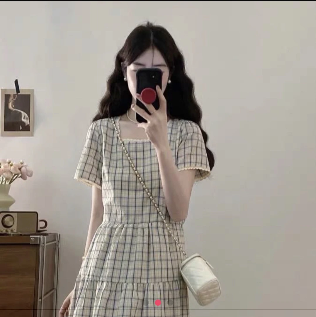 小个子森林蕾丝花边格子连衣裙