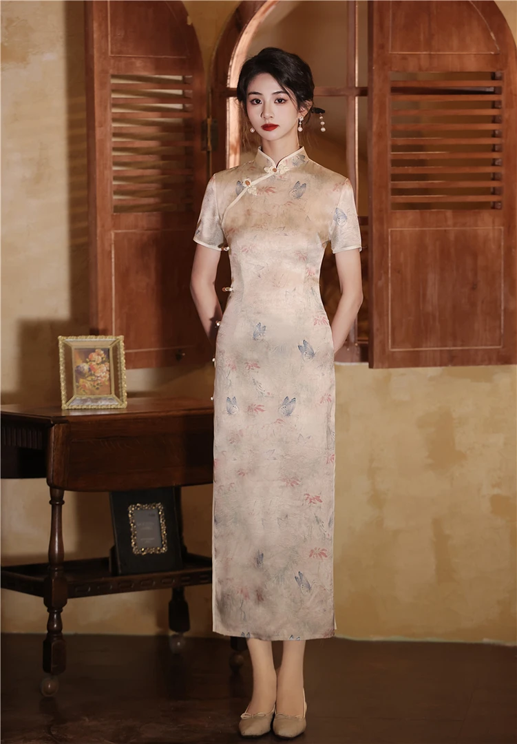 夏季新款中式长款旗袍单层复古年轻气质款古典中国风修身旗袍裙女
