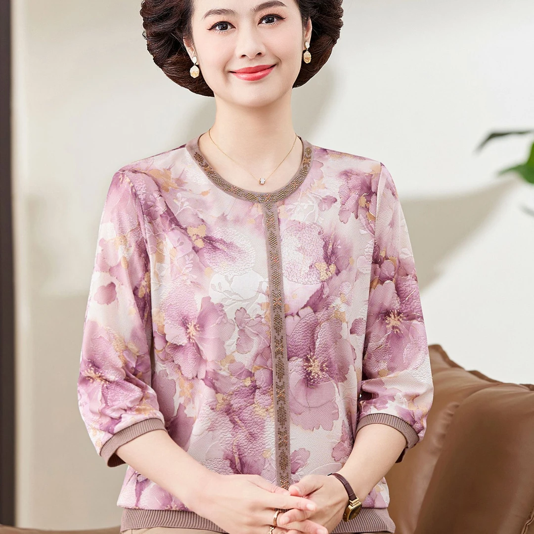 中老年妈妈装春装雪纺衫中年女装夏装针织打底衫七分袖T恤衫上衣