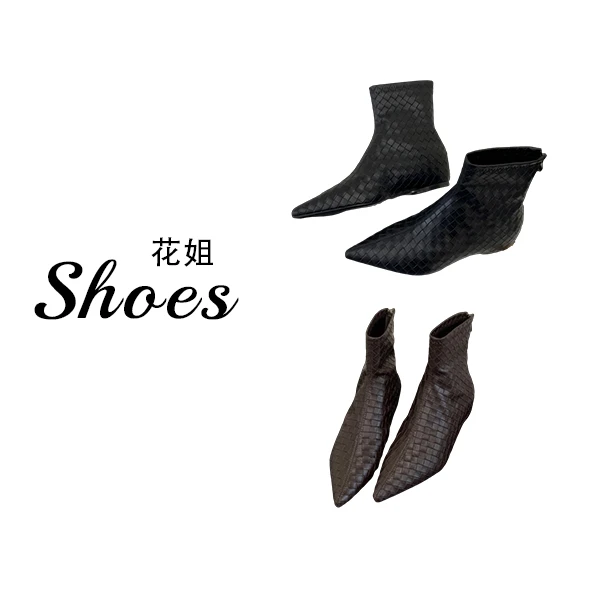 复古气质编织尖头短靴女2025新款舒适软底短筒内增高马丁靴