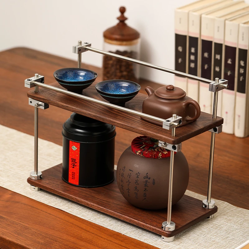 光轴置物架桌面多层黑胡桃木摆件展示架中古简约家用咖啡杯收纳架