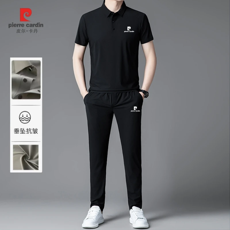 皮尔卡丹夏季男士短袖t恤凉爽透气高弹爸爸套装中年polo衫长裤