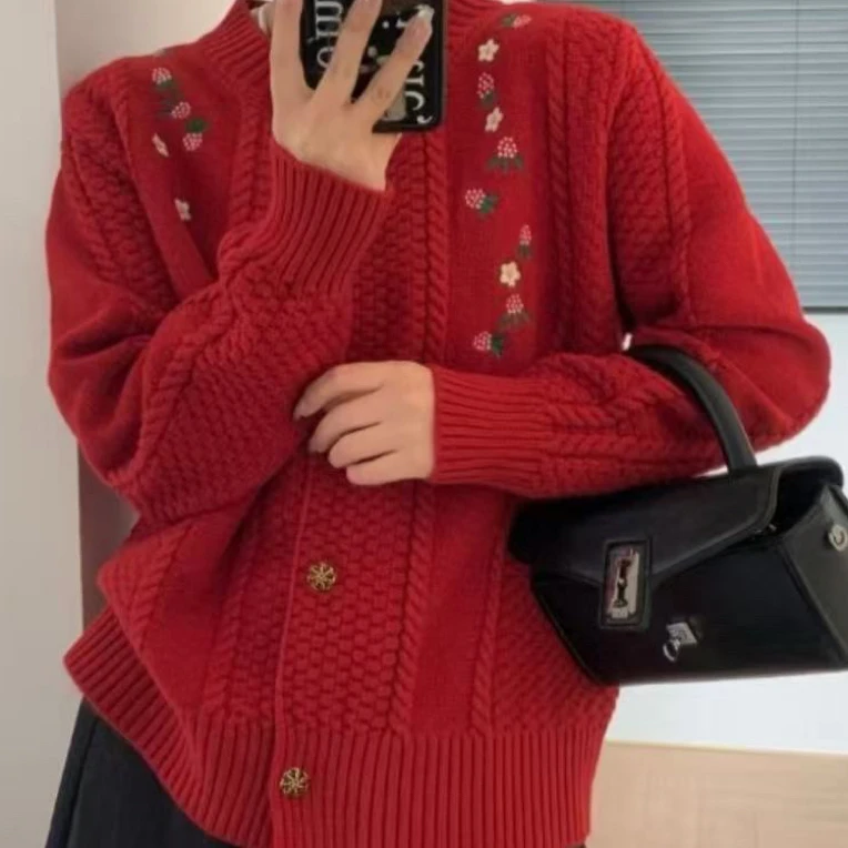 邹先森350-29红色针织衫开衫短款宽松复古加厚开衫