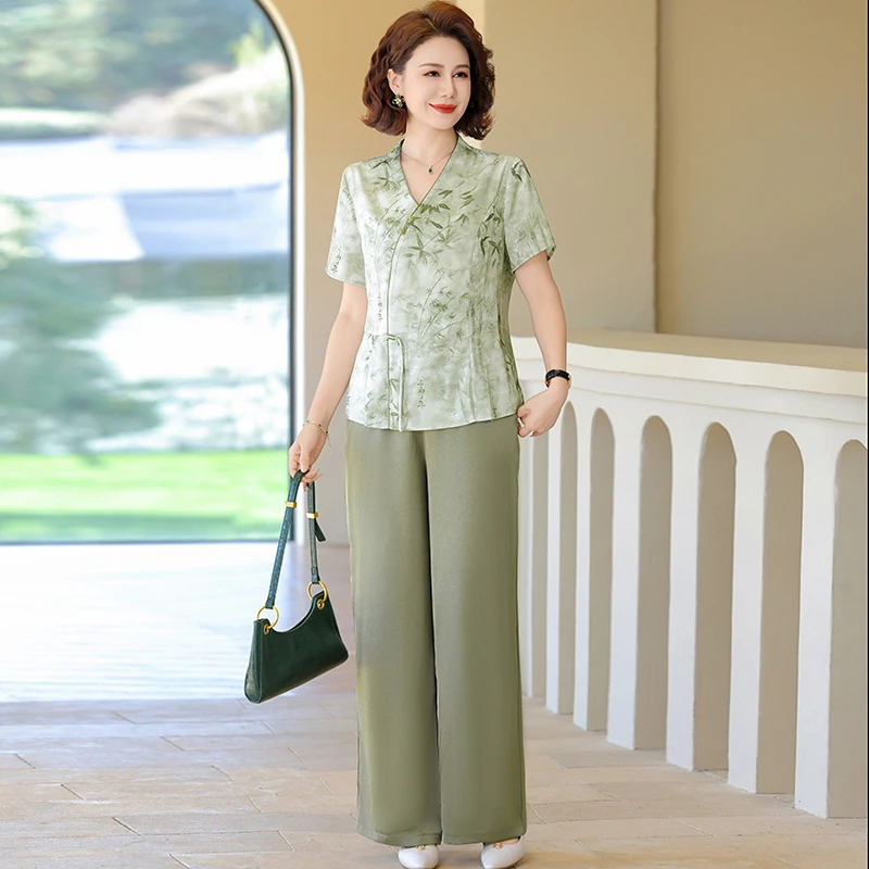 时尚中年妈妈夏装短袖新中式T恤上衣套装中老年女夏季洋气两件套
