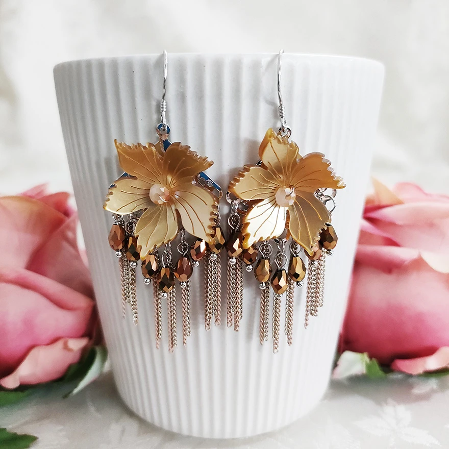 铜合金玻璃耳饰 民族风手工气质花瓣流苏耳环2535