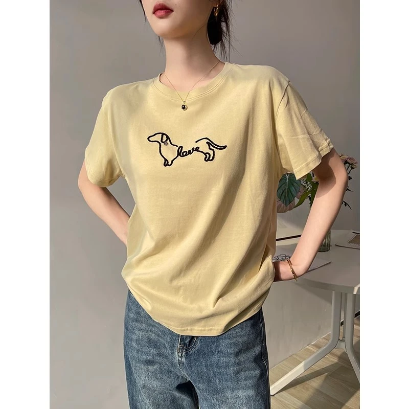 纯棉短袖t恤女2025新款春夏季韩版圆领刺绣内搭打底衫上衣设计感