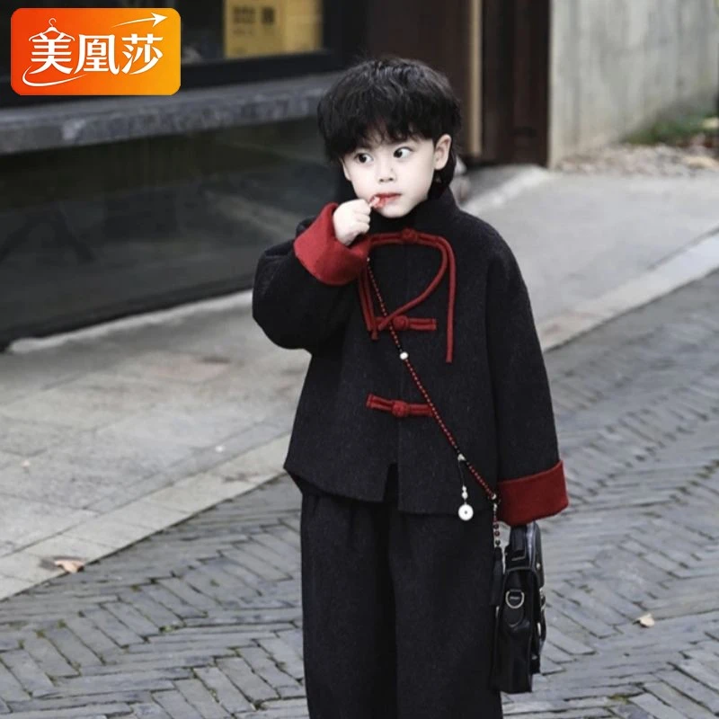 男童新中式冬季加绒双面呢子外套套装中国风冬款加厚呢子裤唐装