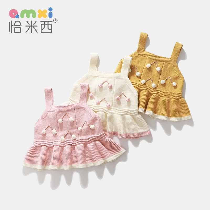 女童针织吊带春秋女宝宝裙式毛衣背心甜美手工樱桃婴儿上衣外搭韩