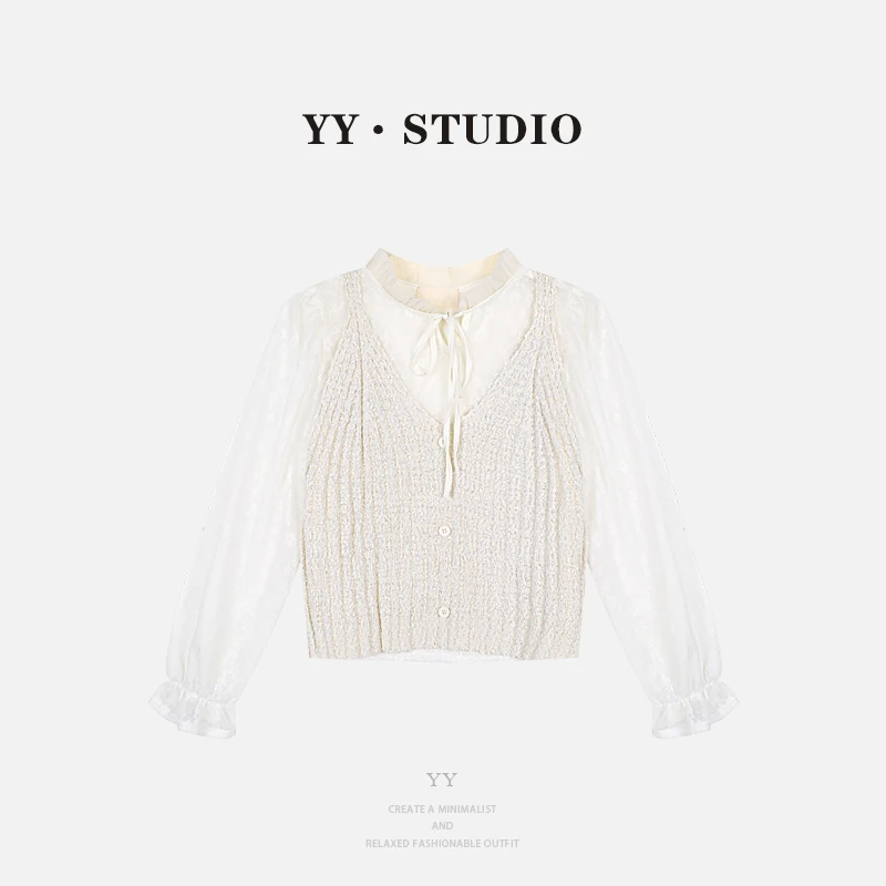 【YANYAN】春季百搭马甲拼蕾丝两件套长袖针织YY-2497