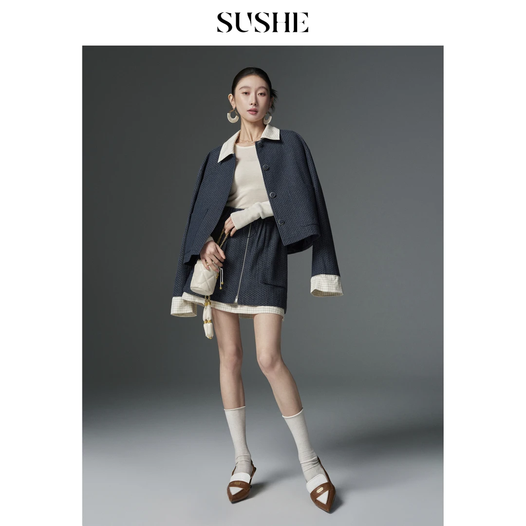 束皙SUSHE寻汀复古电影感洋气棉麻拼接撞色格纹夹克A字半裙套装女