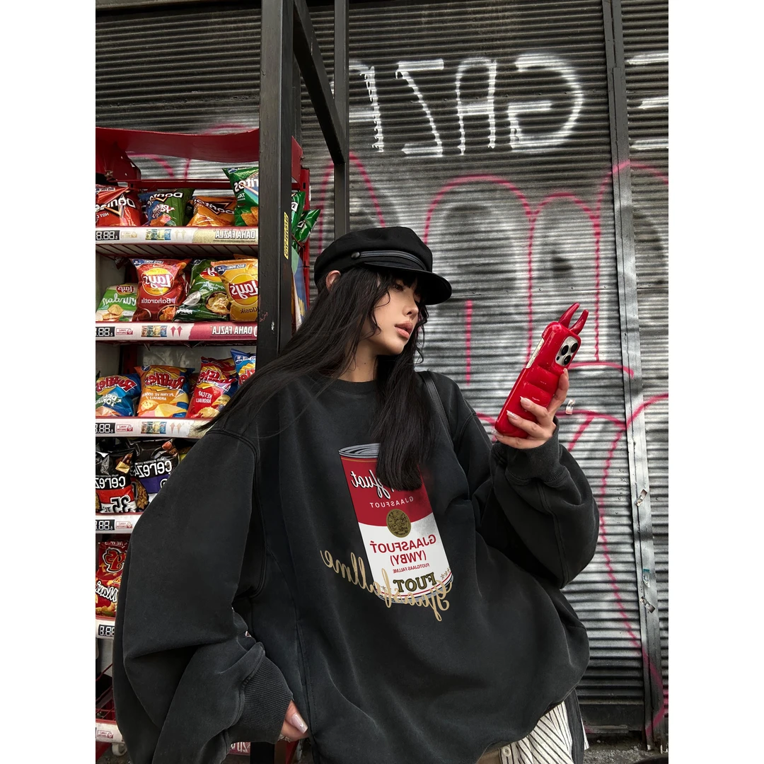 YWBY秋冬新款美式慵懒风印花加绒加厚圆领卫衣女宽松显瘦长袖上衣