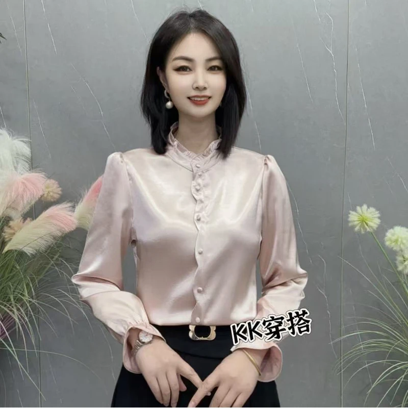 【KK】LLH2509春季新款时尚木耳边长袖气质百搭衬衫