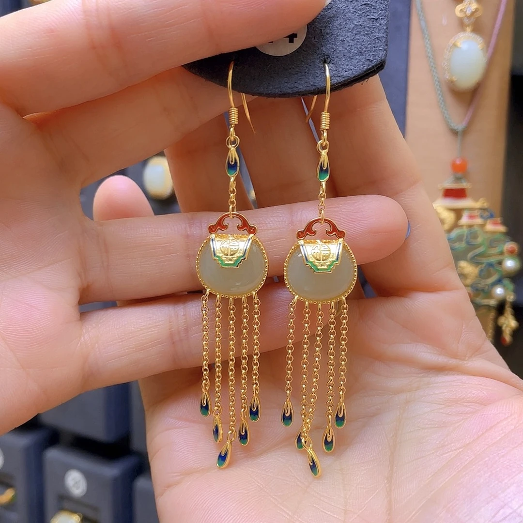 和田玉银S925镀金镶嵌耳饰