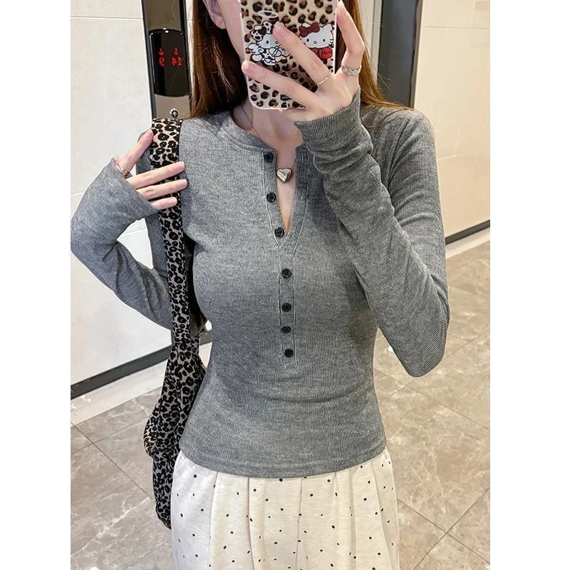 大码美式辣妹心机半开领长袖T恤女ins修身上衣秋冬内搭打底衫