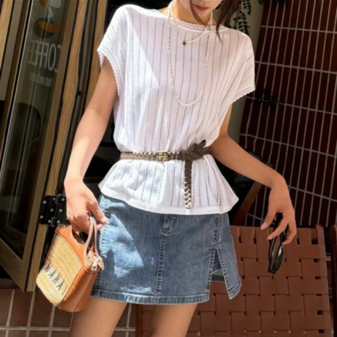 哥弟夏季新款百搭气质时尚显瘦休闲镂空圆领针织短袖T恤138070