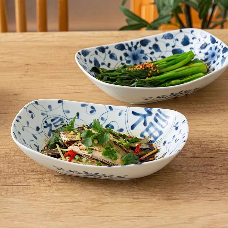 蓝凛堂日本进口菜盘长方形盘子陶瓷餐盘家用日式青花深盘长方盘