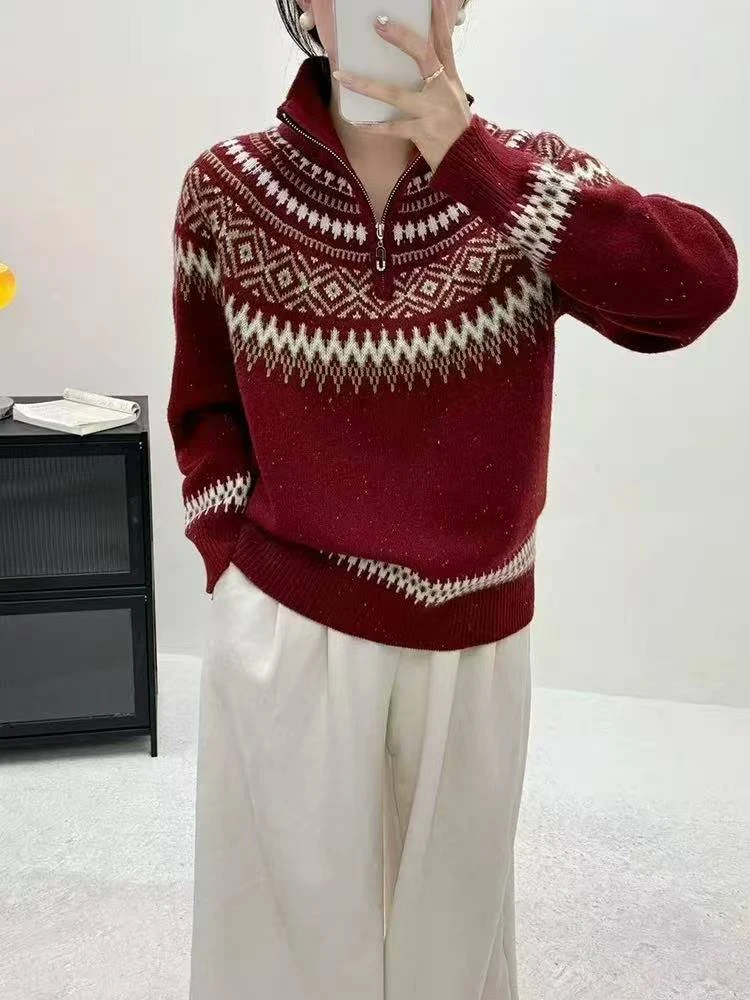 【半拉链费尔岛红色】春季针织毛衣2026新款爆款秋冬内搭可外穿洋气
