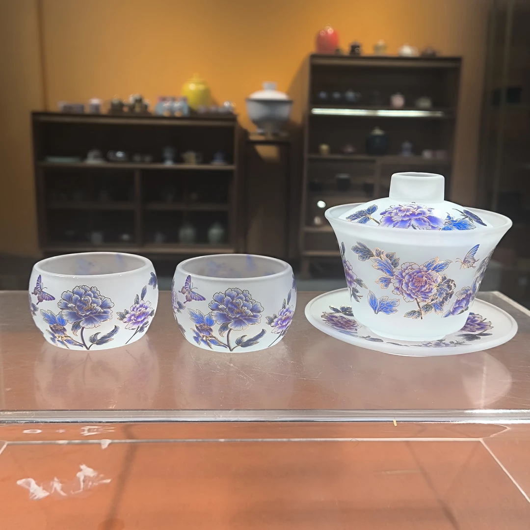 德化云仓 雅致琉璃蓝牡丹悬停三才盖碗+两杯-2535