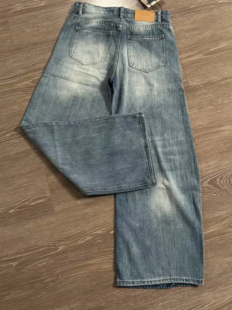 （懒猪）直筒竹节纹水洗cleanfit复古做旧立体裂痕猫须牛仔裤