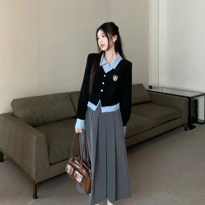 学院风套装女假两件POO领长袖衬衫春季高腰半身百褶裙盐系两件套