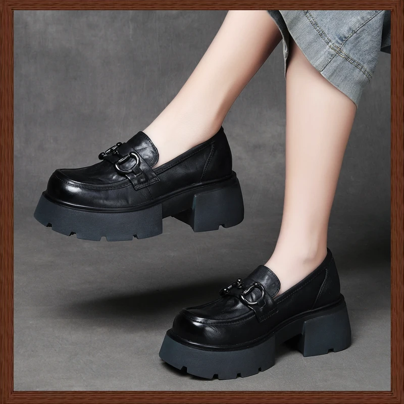 2025春季新款头层牛皮手抓纹圆头乐福鞋百搭英伦风高跟单鞋上班族