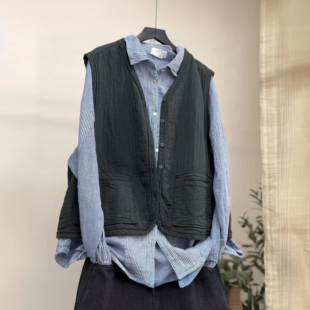 100%棉加厚双层棉马甲2025春季新款宽松纯色复古休闲马夹外套女装