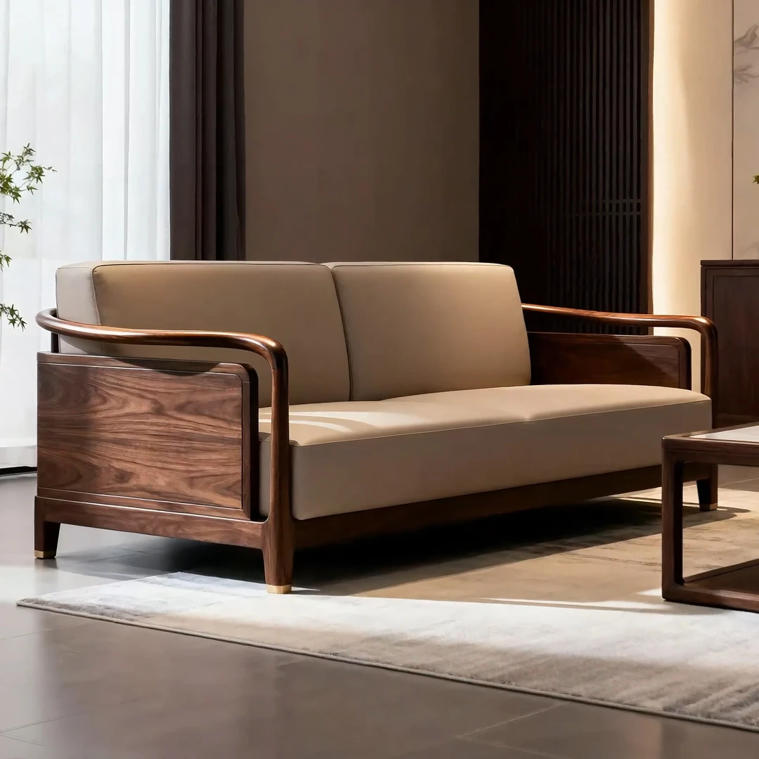 新中式实木沙发北美黑胡桃木直排沙发现代简约轻奢别墅客厅家用