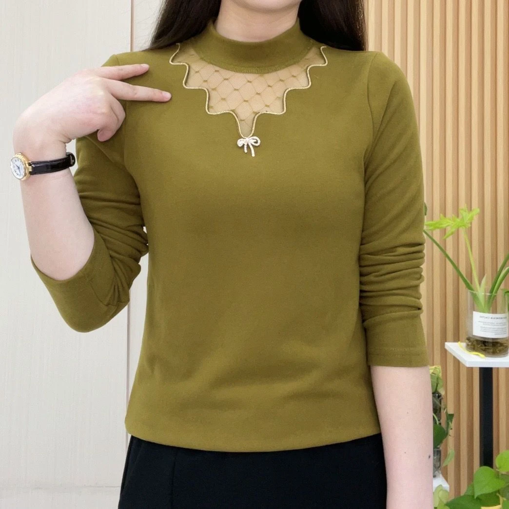 中老年妈妈装秋冬季百搭大码女士打底衫半高领加绒加厚内衬保暖衣
