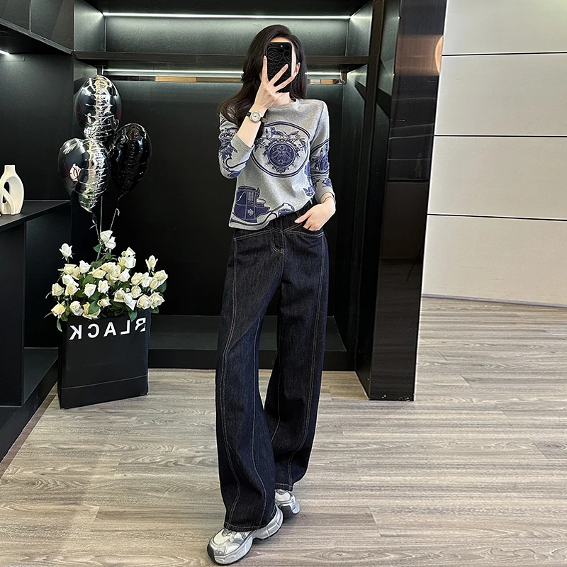 春季新款复古港风长袖T恤打底衫高腰阔腿牛仔裤直筒显瘦拖地裤女