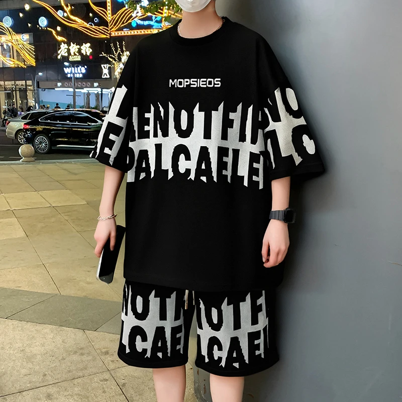 夏季薄款字母印花短袖短裤潮牌潮流休闲宽松两件套大码黑色套装男