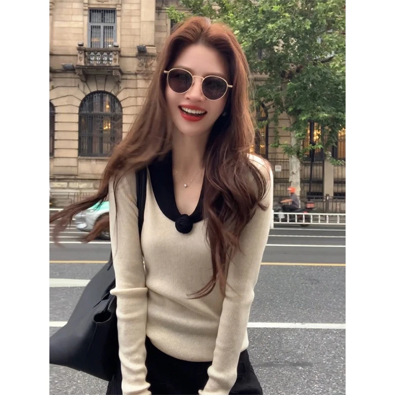 秋冬穿搭韩系软糯拼接长袖针织衫女小个子正肩显瘦内搭毛衣打底衫