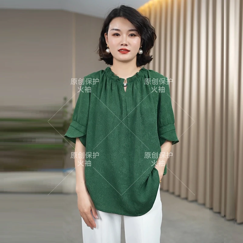 火袖G210纯色中老年女装宽松夏季圆领气质宽松百搭妈妈装大码小衫