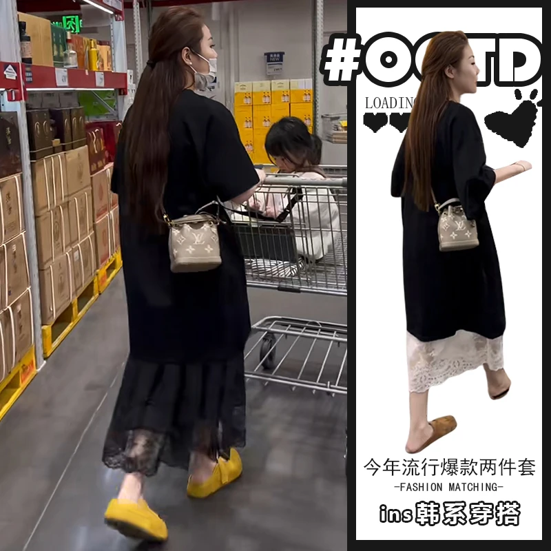 设计感套装裙女2025夏季黑色短袖T恤连衣裙搭高腰蕾丝半身裙