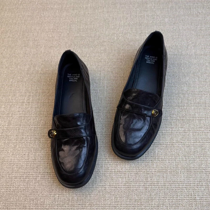 羊皮版~法式复古乐福鞋女低跟2025新款百搭黑色小皮鞋气质单鞋