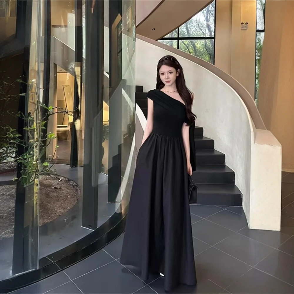 法式纯欲风一字肩短袖连衣裙女夏季新款高级感气质收腰显瘦长裙子