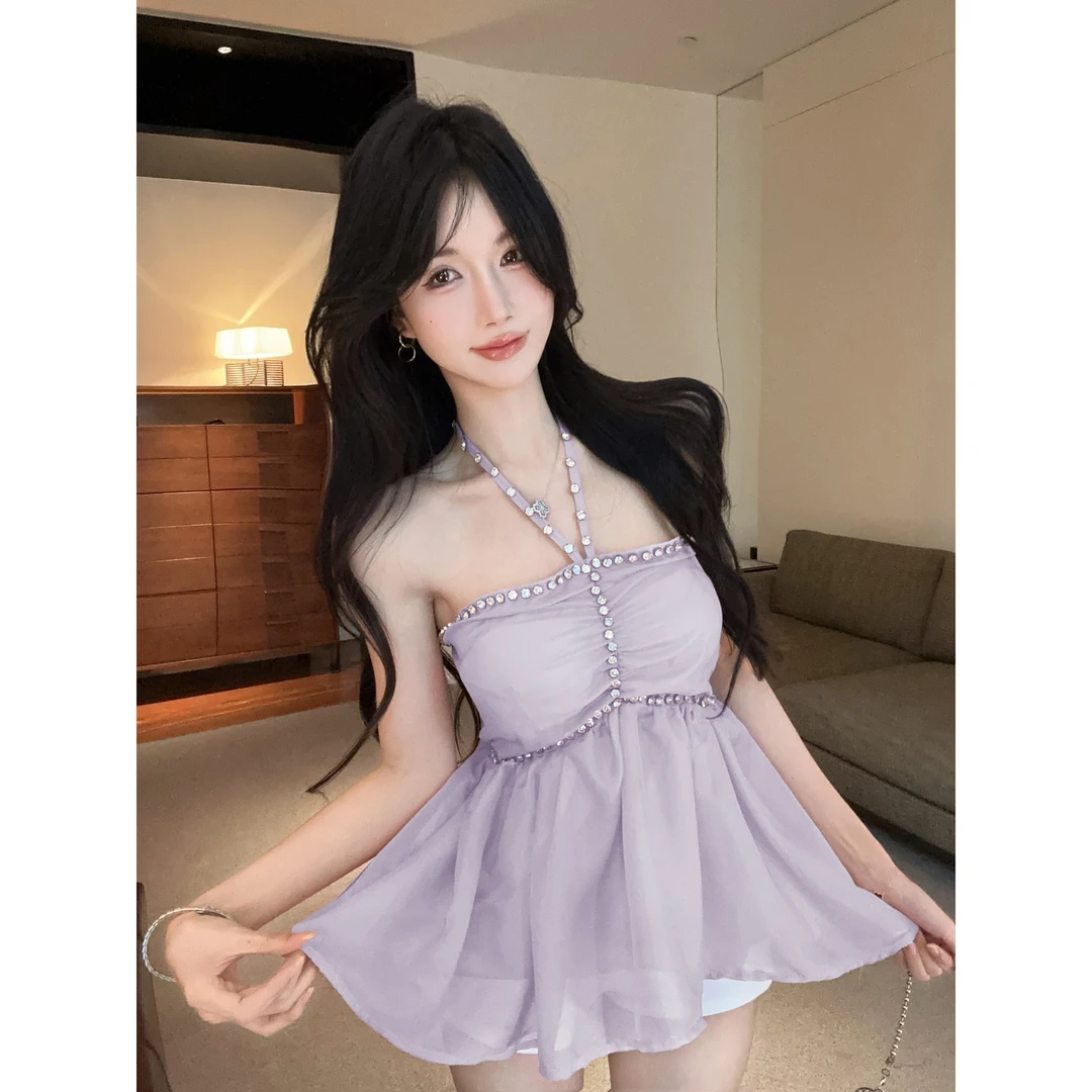 粉色镶钻挂脖吊带背心女早夏泰式一字肩抹胸小上衣独特绝美娃娃衫