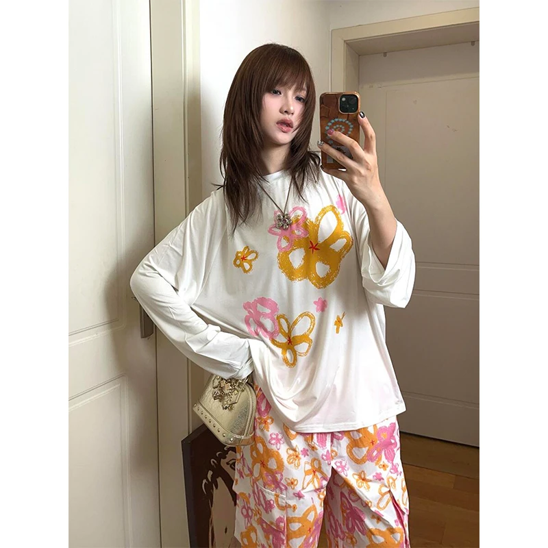 长袖罩衫印花圆领静奢风防晒T恤女外穿春秋欧若精灵风白色上衣ins