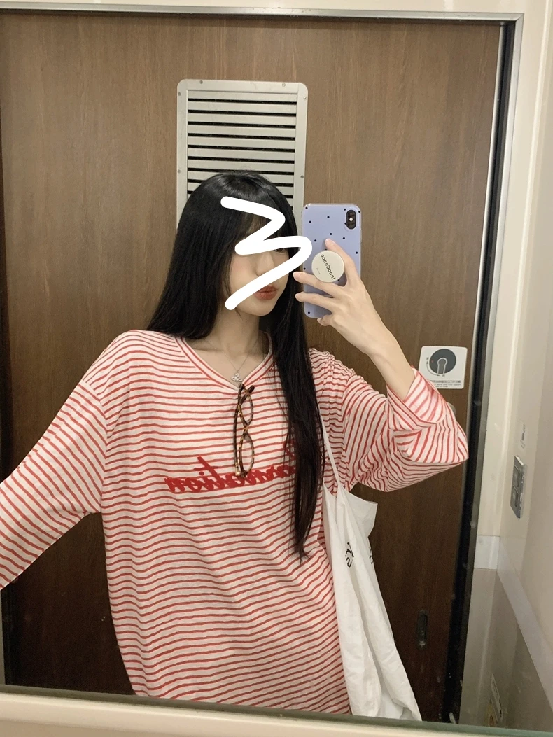 辣椒酱 撞色条纹圆领长袖慵懒风T恤女宽松薄款防晒衫显瘦休闲上衣