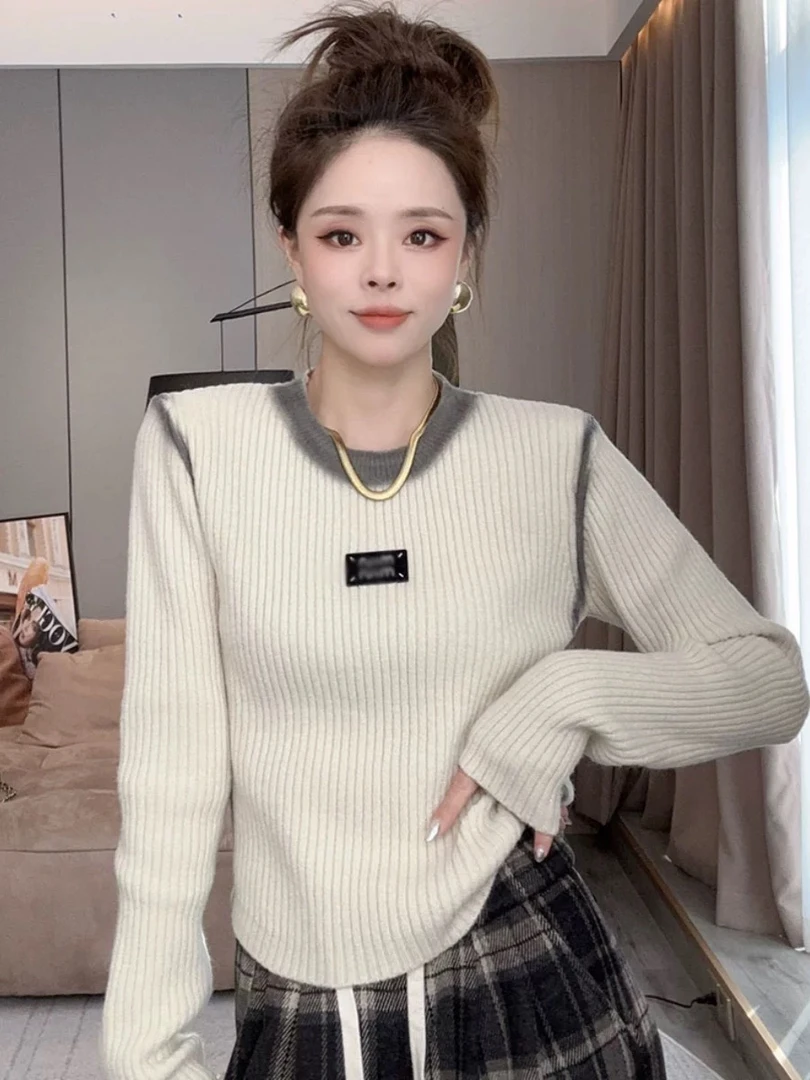 圆领字母印花套头毛衣女春季新款韩版时尚修身显瘦针织打底衫上衣