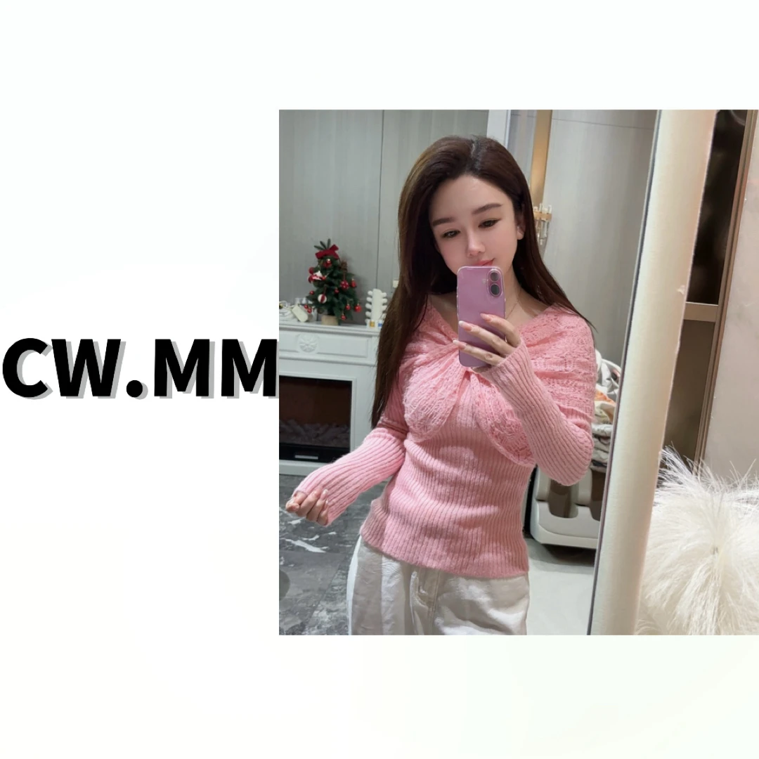 CW.MM 【铃兰粉】新款洋气交叉蝴蝶结高弹修身毛衣上衣