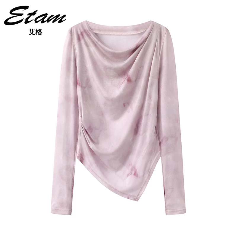Etam/艾格欧若风晕染一字肩网纱上衣2025春季新款不规则打底衫t恤