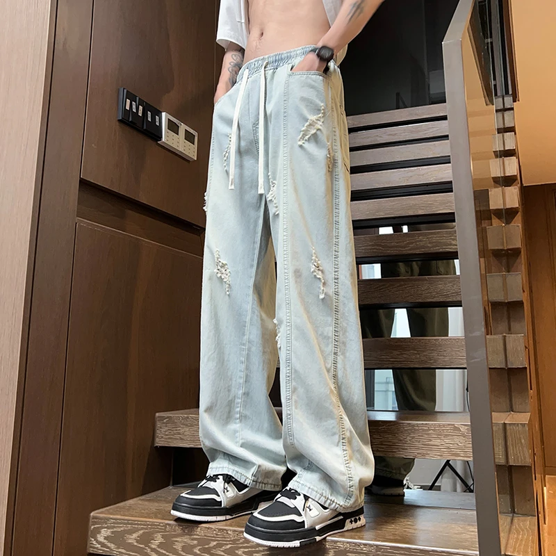 2024新款复古做旧破洞牛仔裤男款宽松直筒显瘦阔腿裤男牛仔裤子