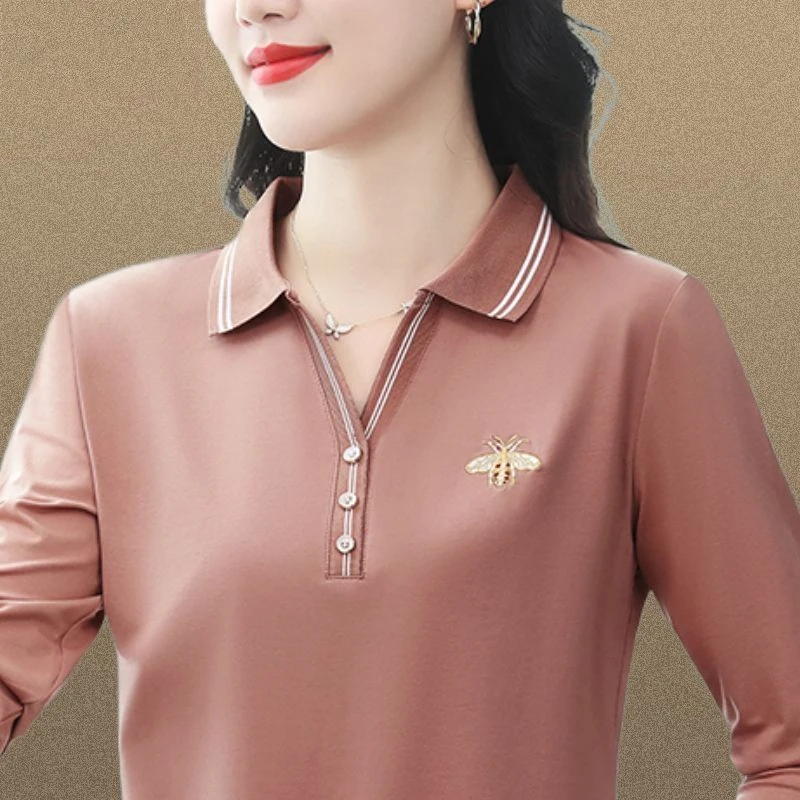 920豆红色长袖t恤女春秋装洋气时尚妈妈翻领上衣宽松打底polo小衫