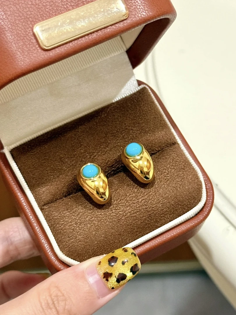 黄铜耳饰 老钱耳钉~豆豆仿绿松石耳钉简约