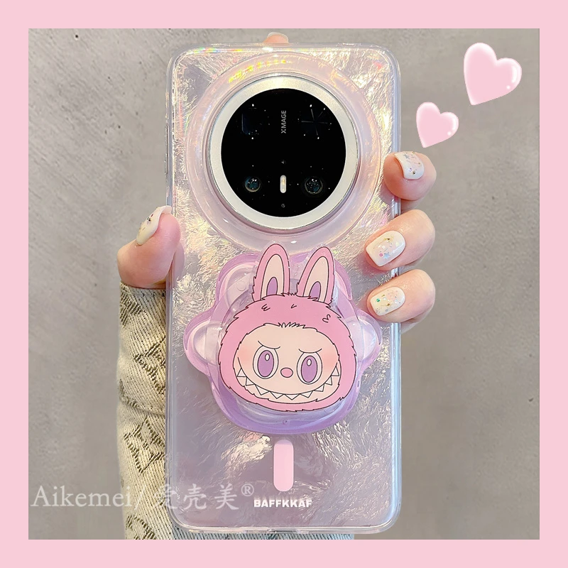 适用华为mate70pro+手机壳可爱卡通mate60pro+锡纸纹怪兽磁吸支架